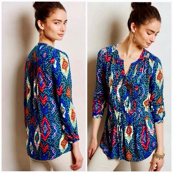 Anthropologie Tops - MAEVE Anthropologie Topoxte Drop Waist Geometric Ikat Multicolor Blouse Top